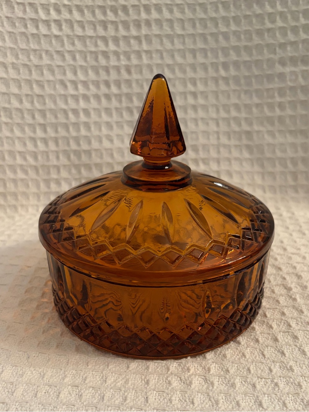Vintage Indiana Glass Amber Princess/Diamond Point Glass Covered Candy Dish
